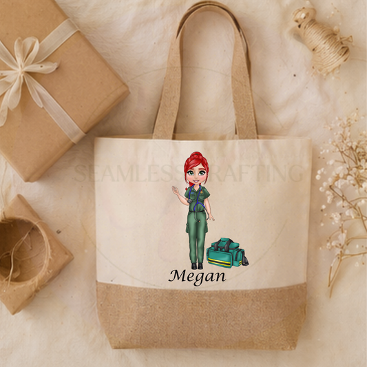 personalised paramedic jute bag with female ambulance worker design custom name tote gift for healthcare worker