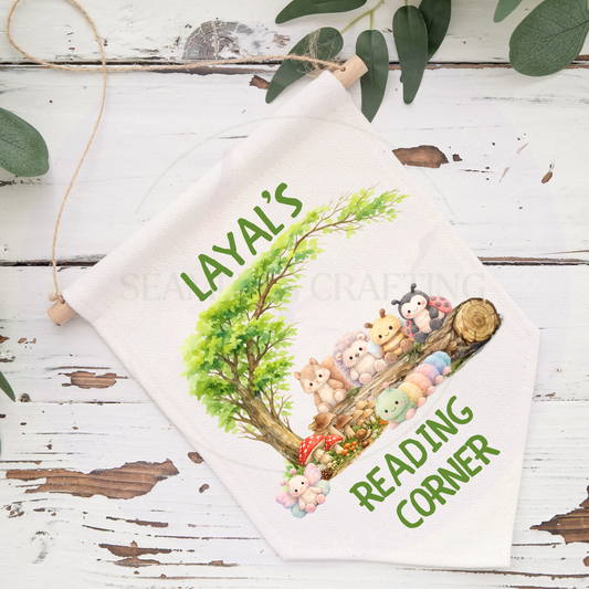Personalized Woodland Animal Reading Corner Banner with custom name "Oliver" and forest animals.