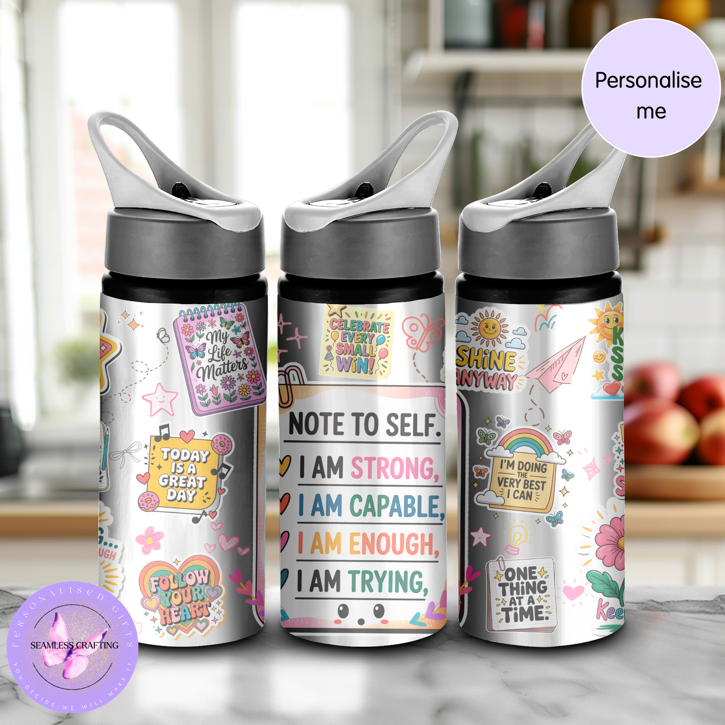 Personalised Kids Positive Affirmation Water Bottle 600ml Aluminium BPA-Free with Straw and Flip Top | Custom Name Gift