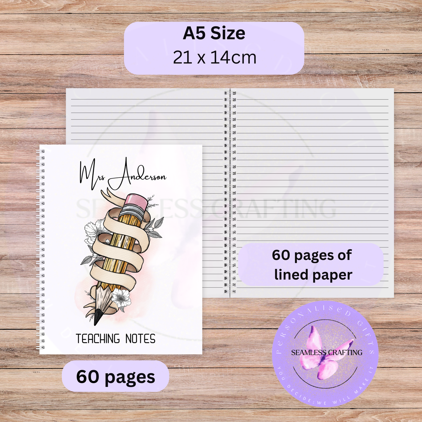 Custom teacher gift notebook with pencil design and personalised name
