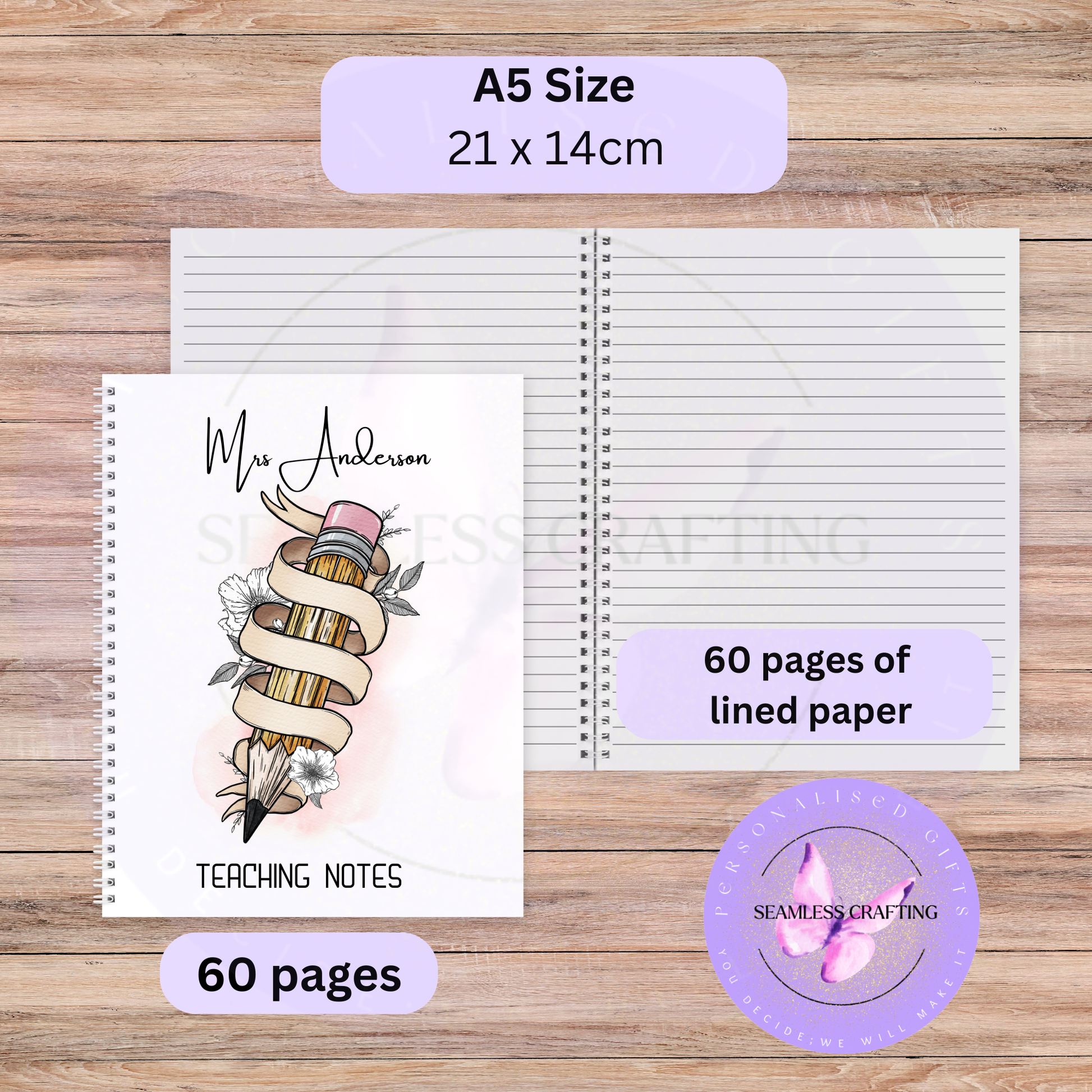 Custom teacher gift notebook with pencil design and personalised name
