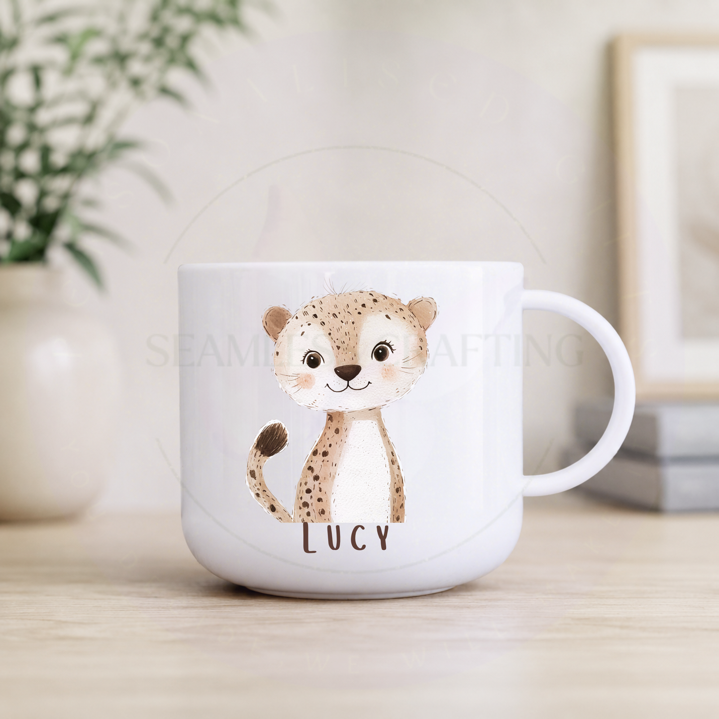 Personalised children's animal mug with cheetah character and name Lucy