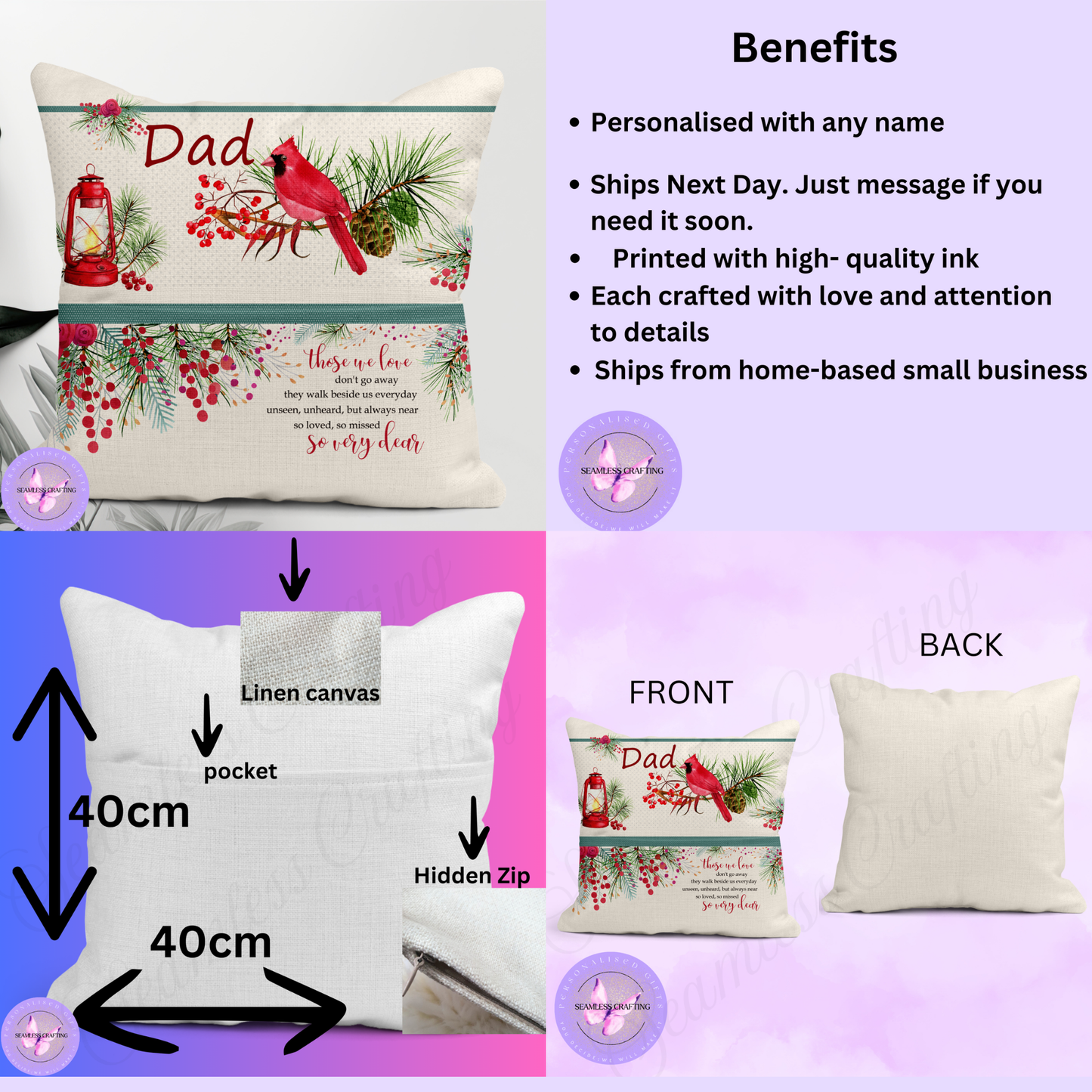 Personalised Memorial Cushion with Pocket – Cardinal Remembrance Pillow for Dad – Memory Cushion Gift – Christmas Bereavement Keepsake (40cm)