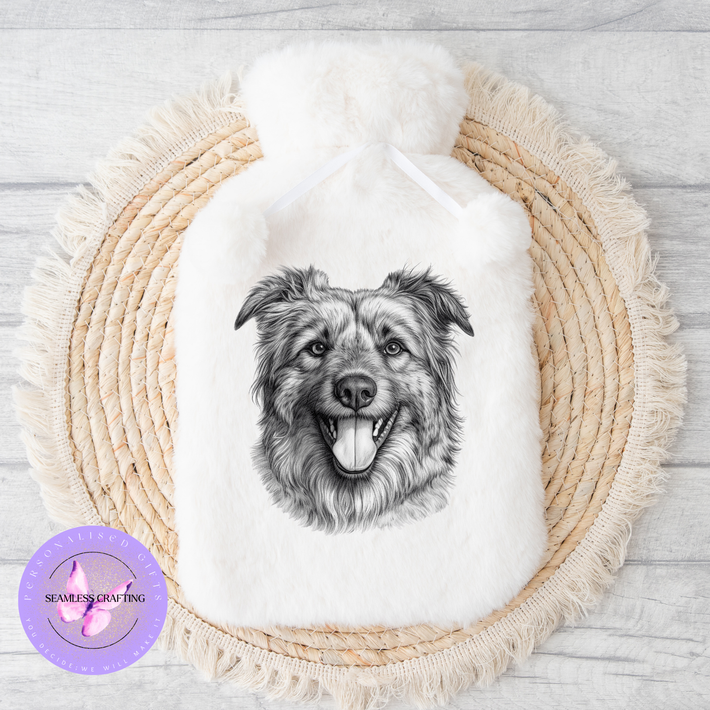 Personalised Sketch Animals Faux Fur Hot Water Bottle – Custom Name Gift | 2L | Highland Cow, Bunny, Dog, Cat