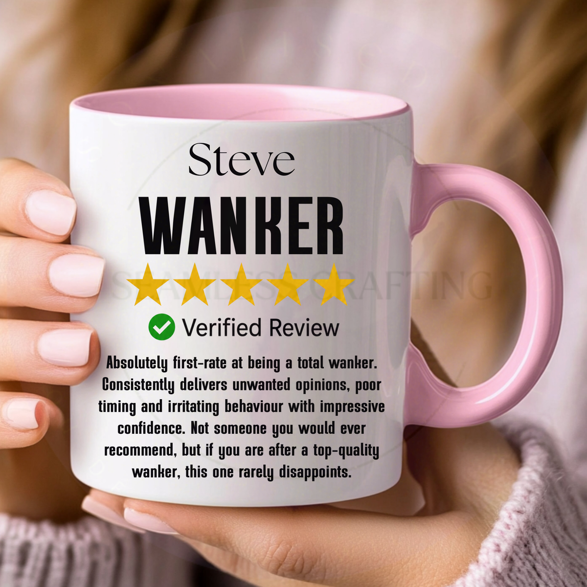 Personalised rude mug with pink handle and funny verified review design