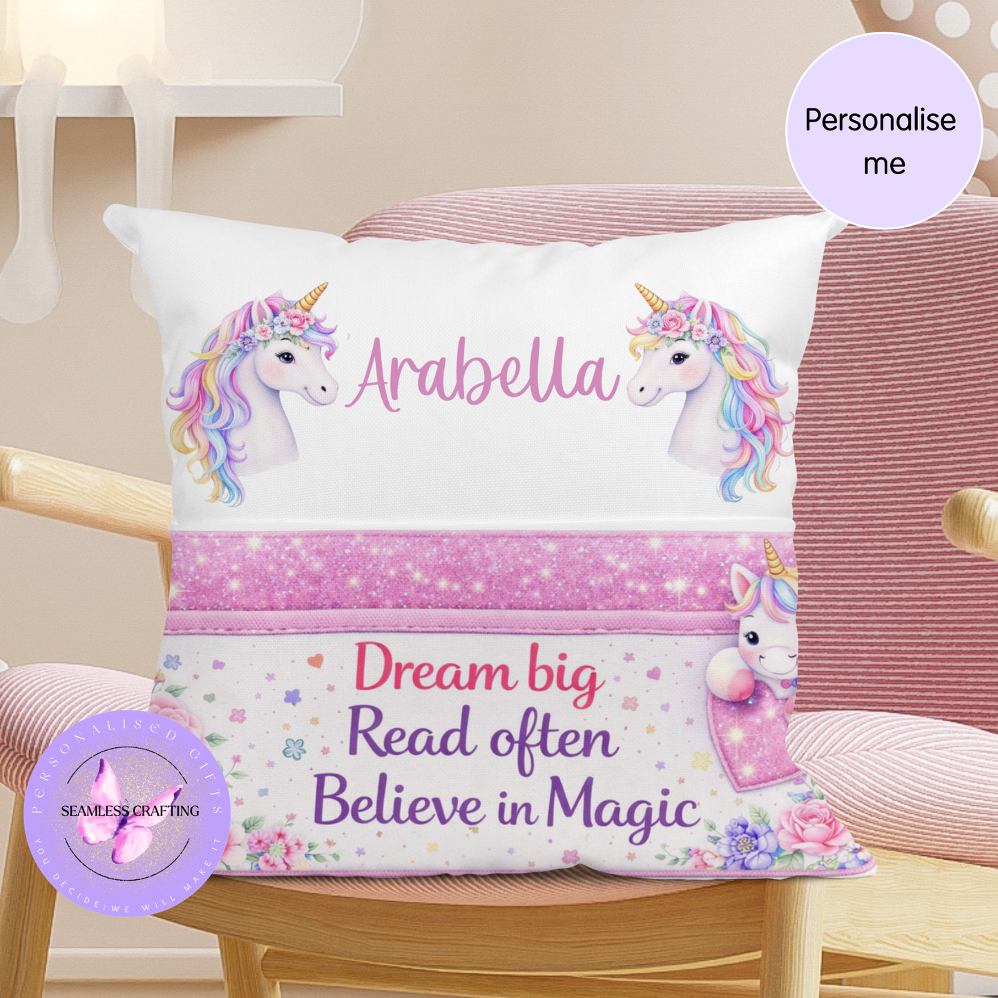 Personalised Unicorn Reading Cushion with Pocket, Girls Book Pillow Gift, Custom Name Cushion, Kids Reading Gift, Bedroom Decor