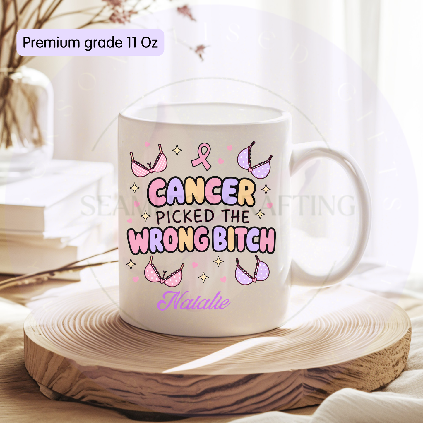White 11oz personalised breast cancer mug with pastel quote, pink ribbon and custom name