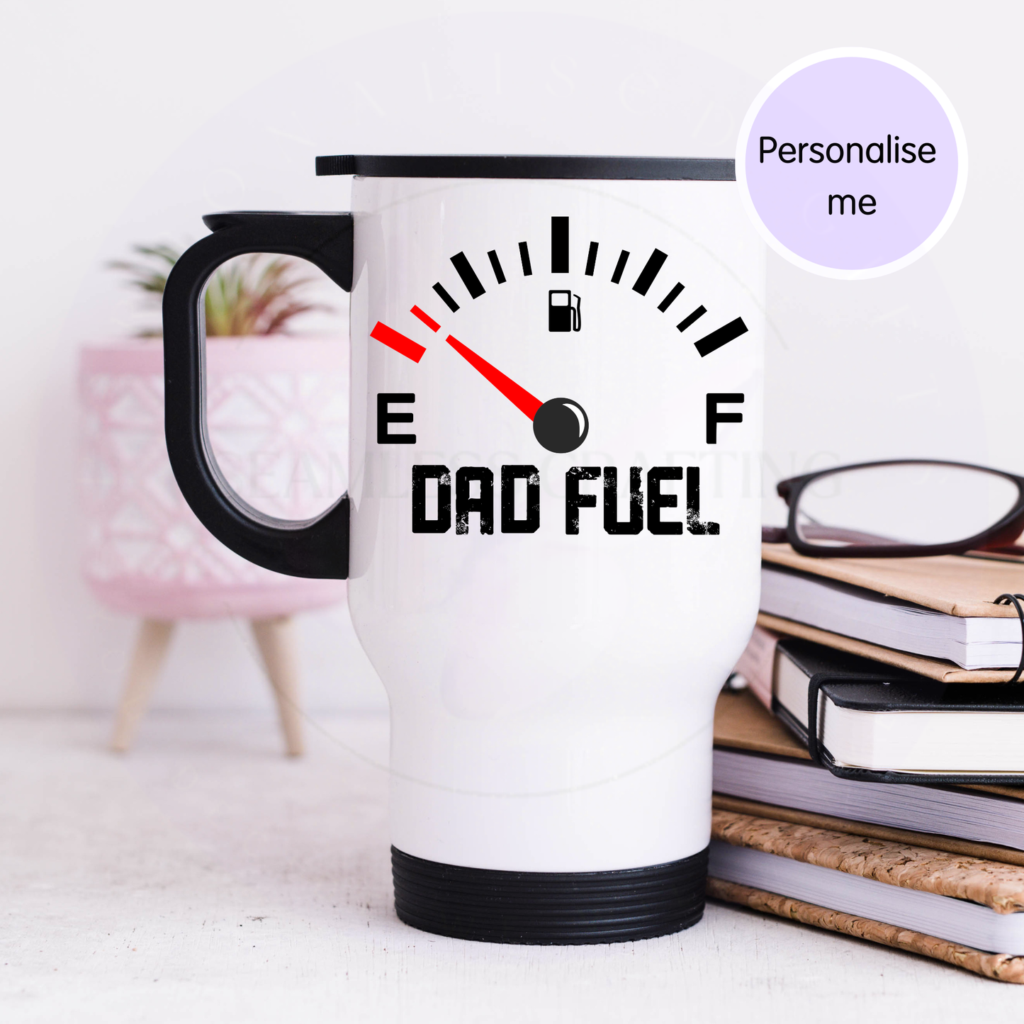 Personalised 14 oz travel mug with fuel gauge graphic
