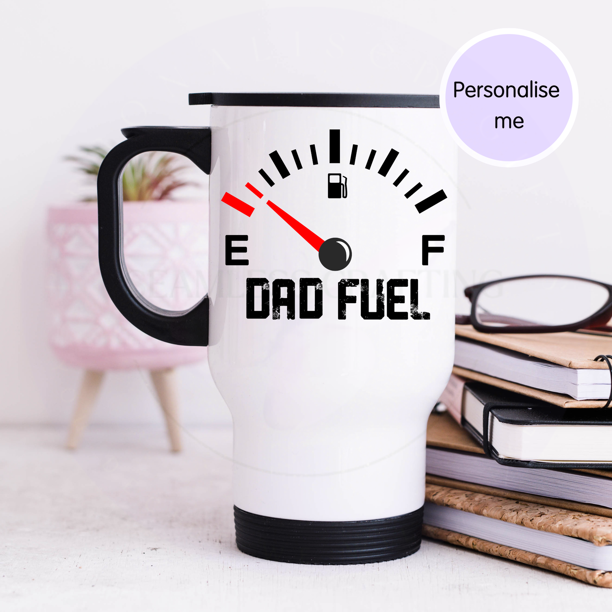 Personalised 14 oz travel mug with fuel gauge graphic
