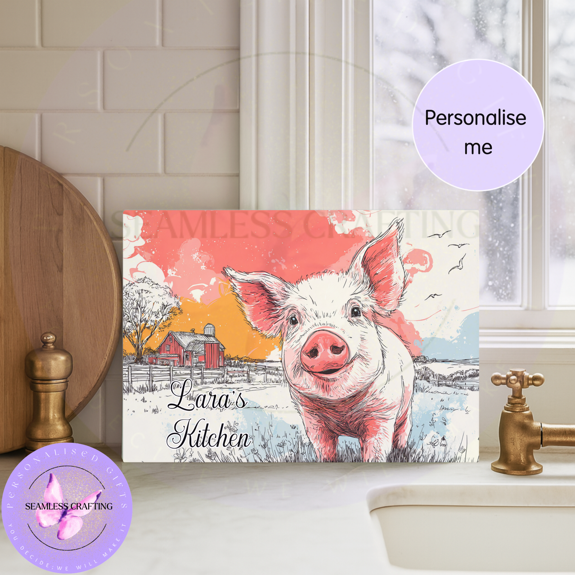 Custom pig chopping board with name rustic kitchen gift tempered glass cutting board