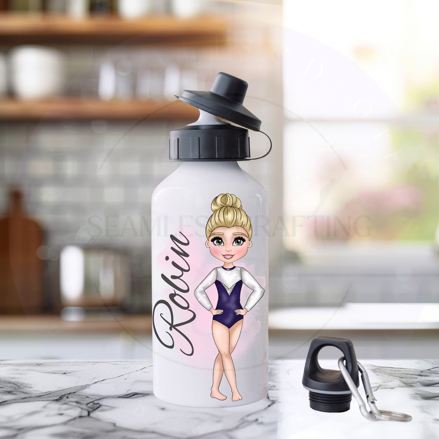 Two personalised gymnast bottles showing dark-skinned characters in purple white and silver leotards