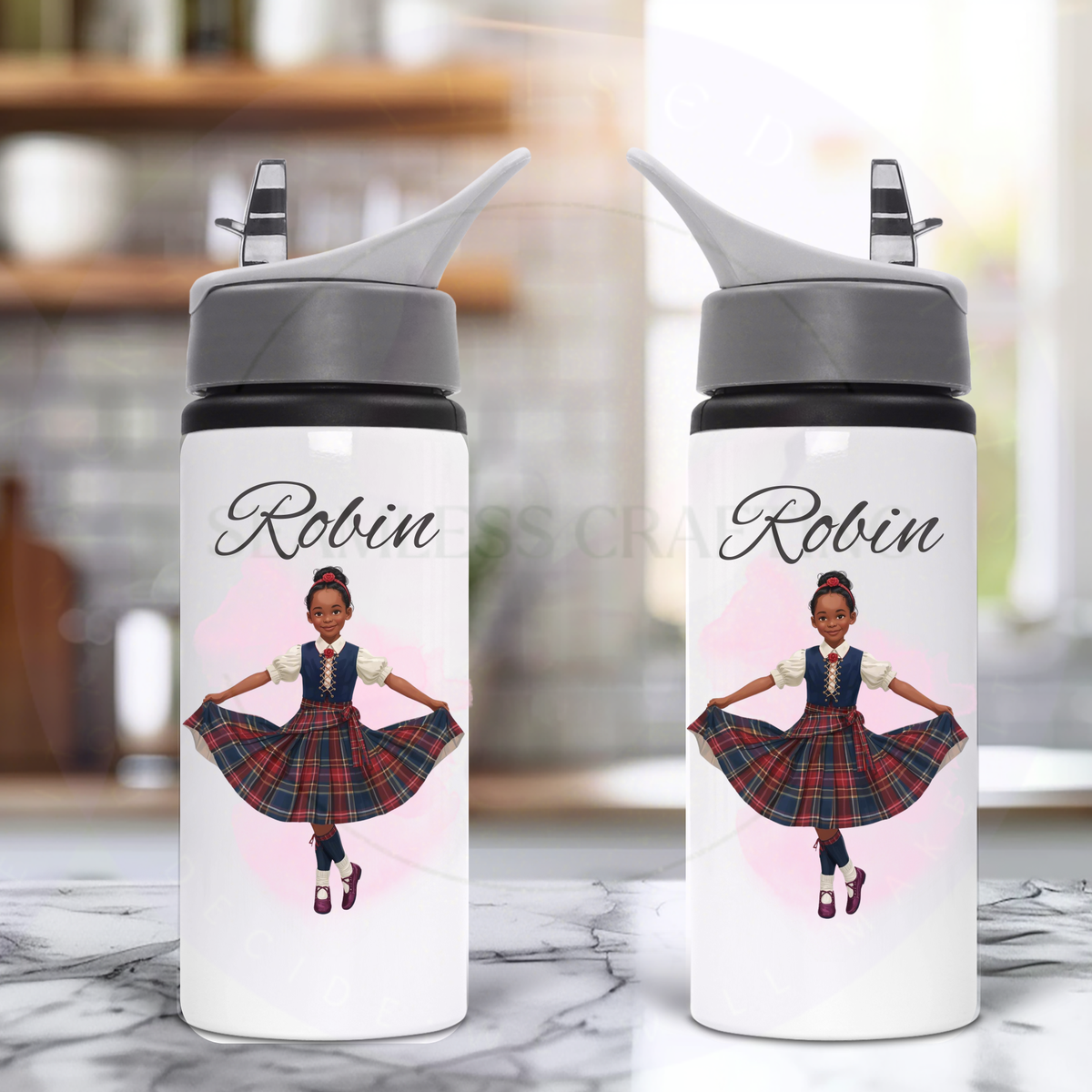 Personalised Highland dance water bottle with Robin and a girl wearing a blue and grey tartan dance costume