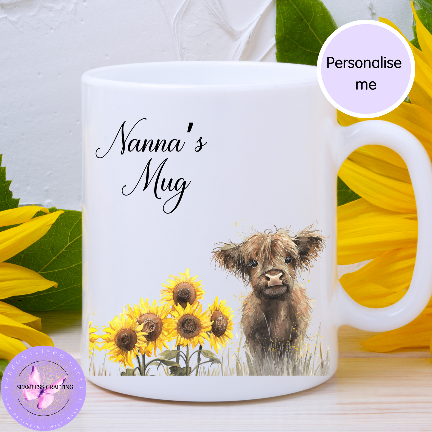 Personalised Highland Cow Mug – Custom Nanna/Nanny/Nan Gift – Sunflower Ceramic Mug (11oz)