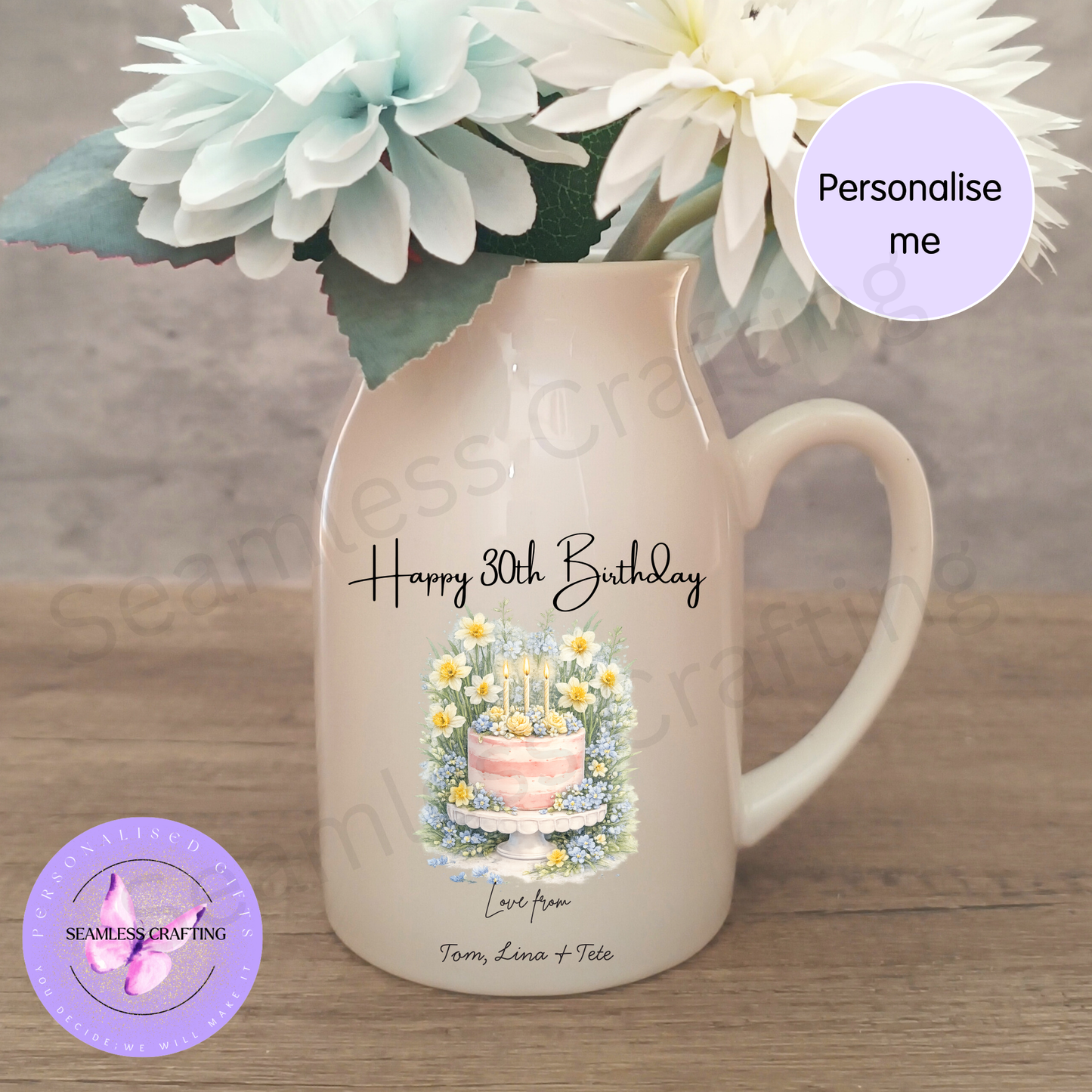 personalised 30th birthday flower jug floral cake design pink handle ceramic vase