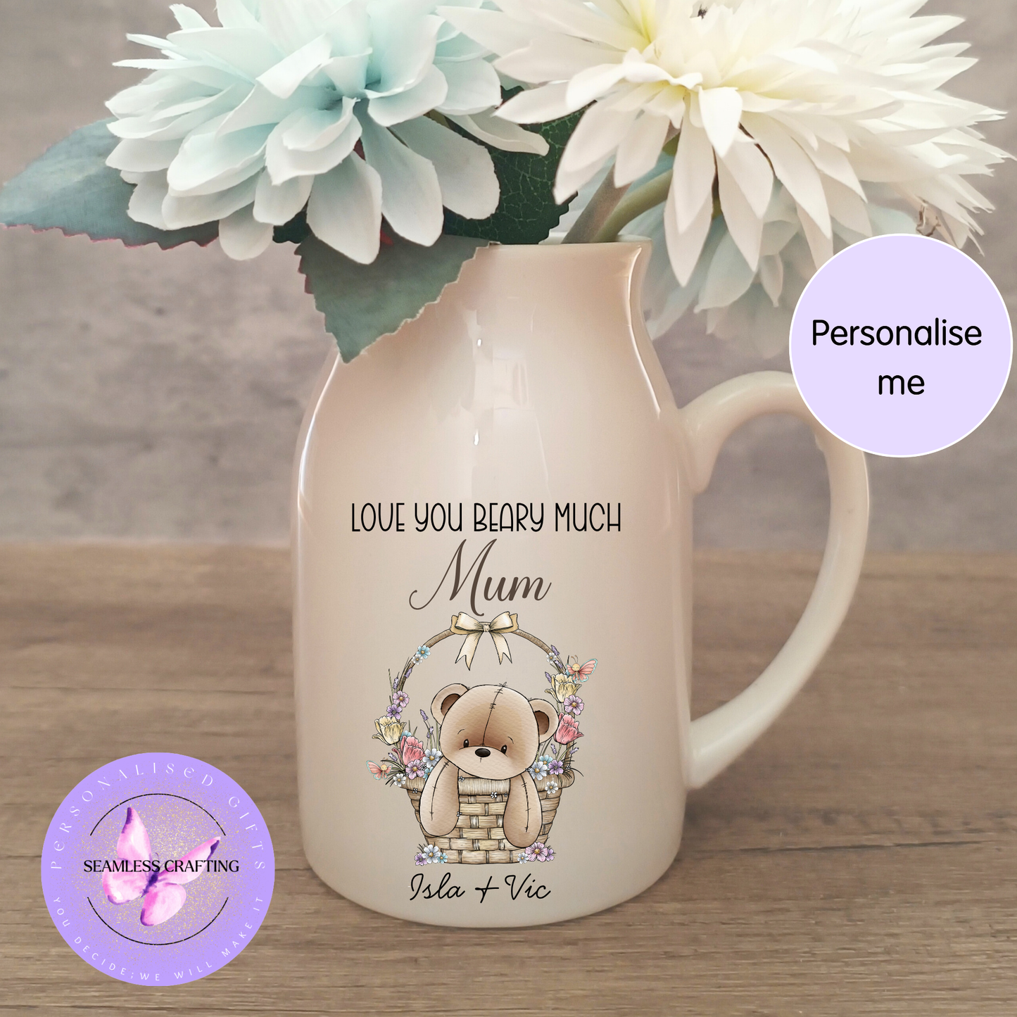 Personalised Flower Jug Vase – Custom Name Gift, Love You Beary Much Teddy Floral Jug, Gift for Mum Nana Sister Friend UK