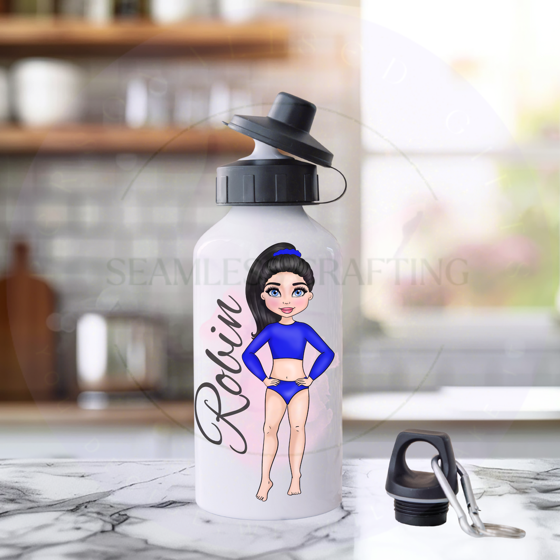 Personalised aluminium dance bottle with Robin, black hair and a royal blue long-sleeved outfit