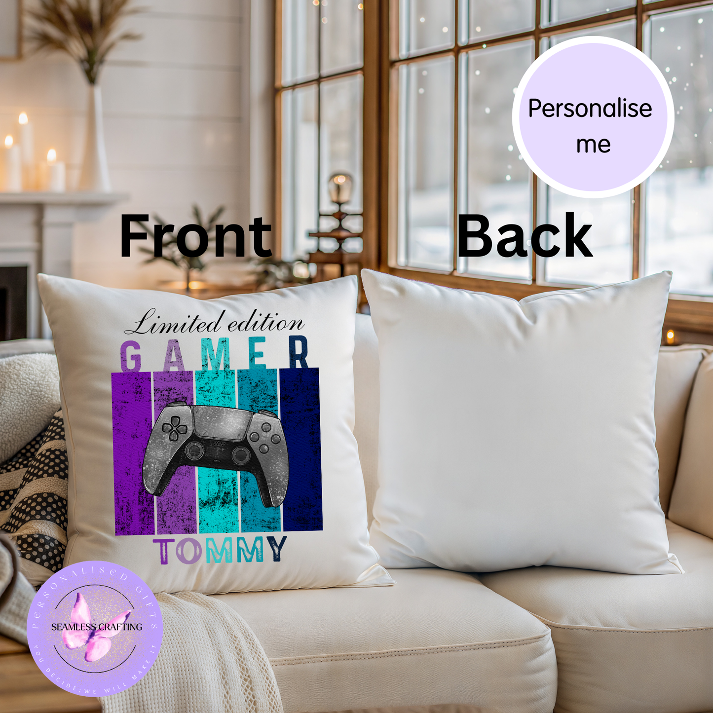 Personalised Gamer Cushion – Custom Name Gaming Pillow, Controller Choice, 40x40cm Velvet Gift for Gamers