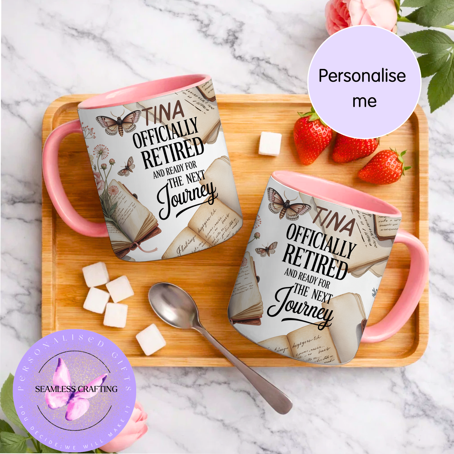 Personalised retirement mug with name featuring vintage books and butterflies – officially retired gift mug
