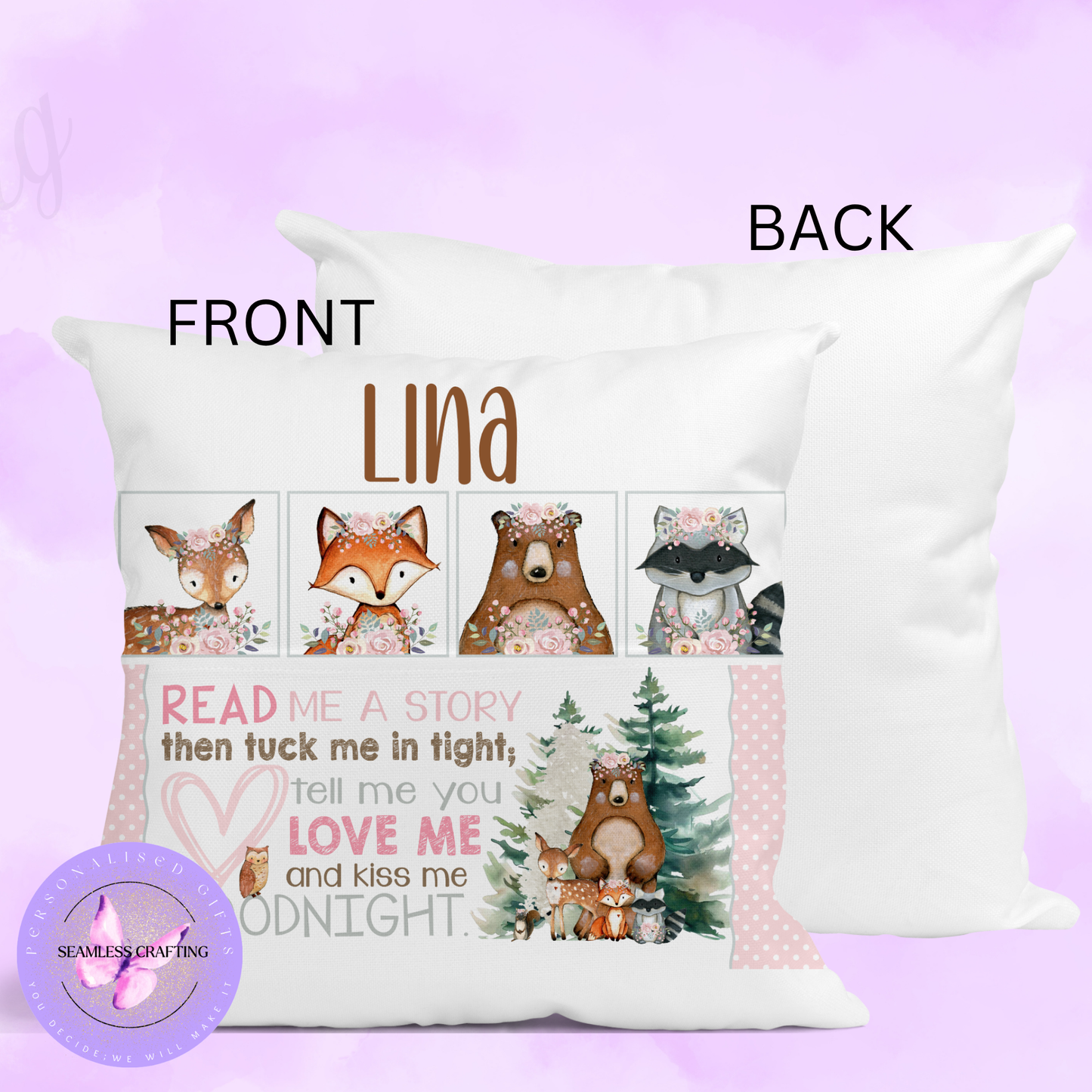 Personalised Woodland Animal Reading Cushion – Girls Custom Name Book Pillow with Pocket | Forest Animal Nursery Gift (40cm)