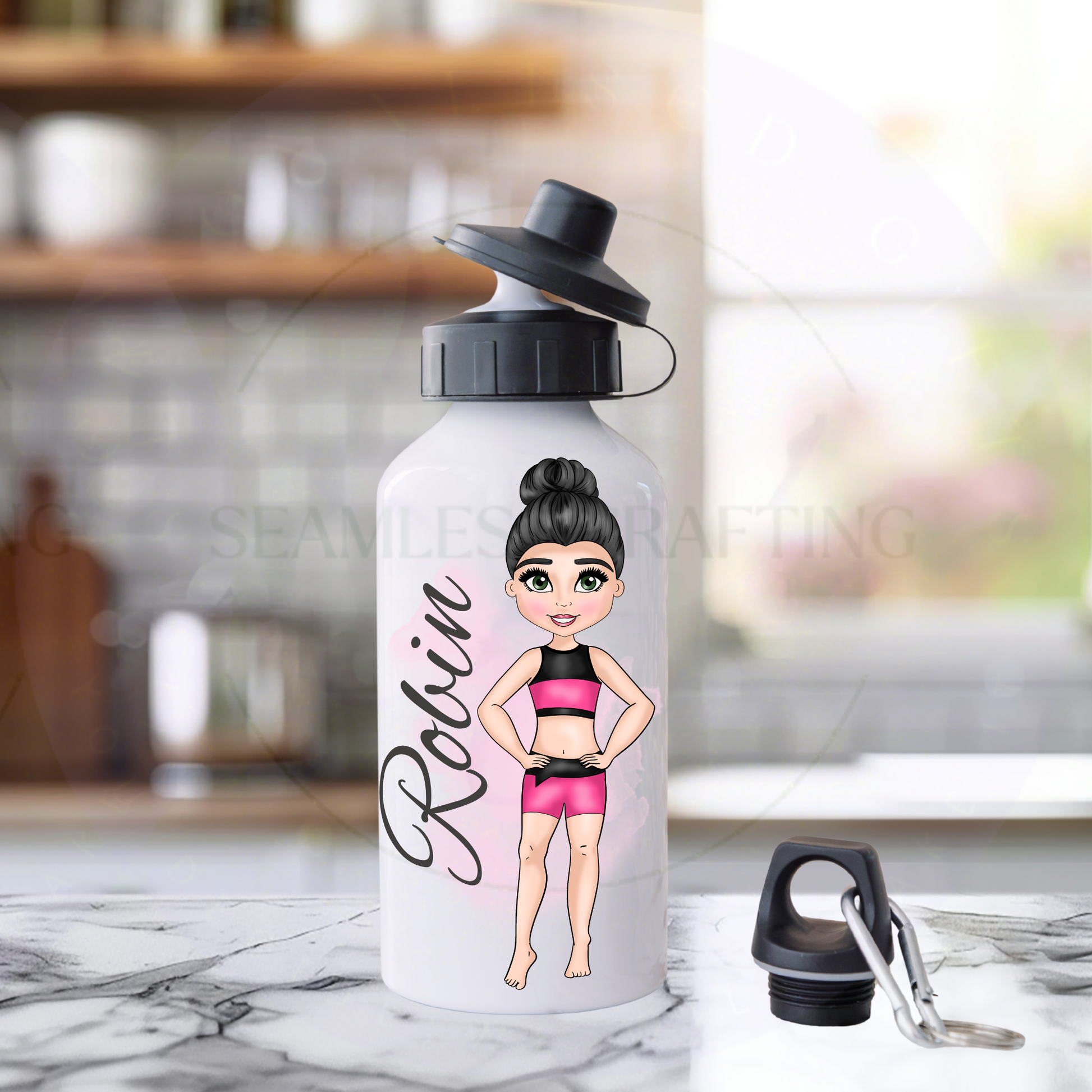 Personalised aluminium dance bottle with Robin, black hair and a pink and black two-piece uniform