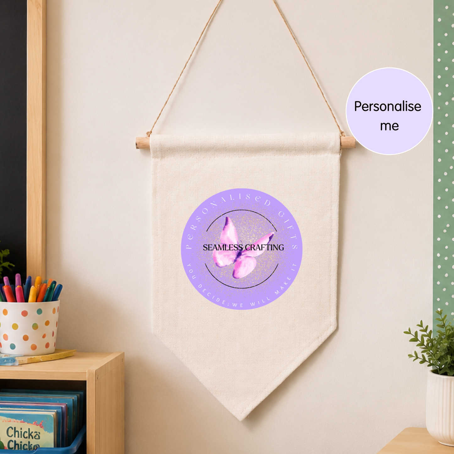 Neutral linen wall hanging banner with logo design in home office setting