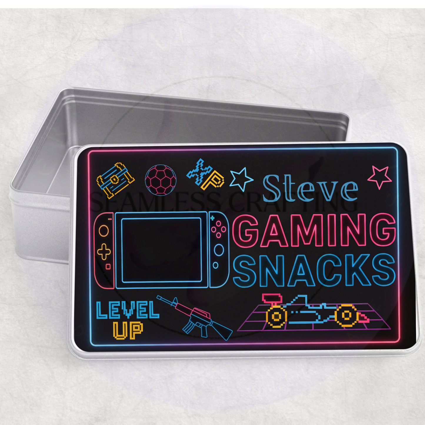 Custom gaming snacks tin with personalised text and gaming controller design