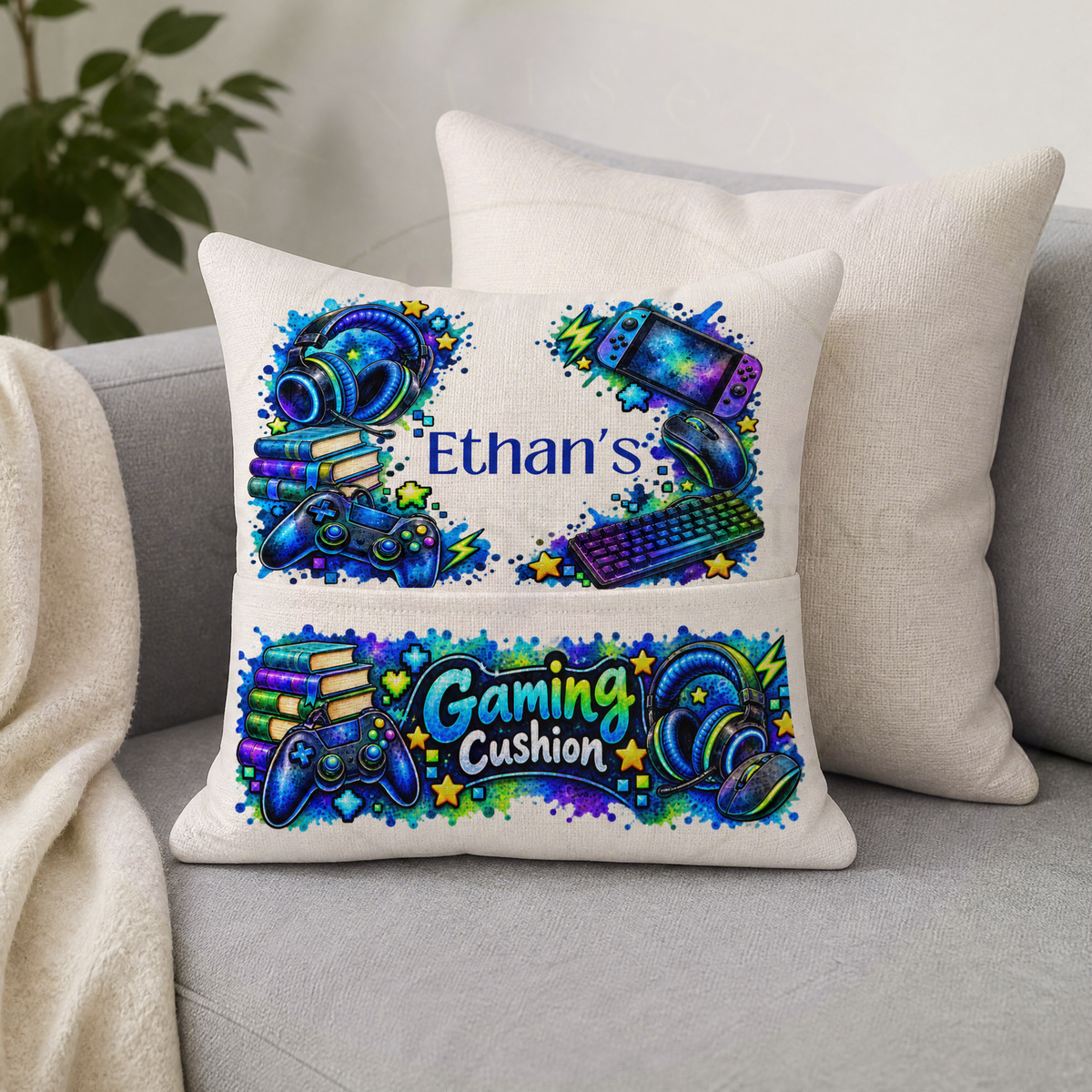 40cm personalised gamer cushion with colourful gaming design and front pocket