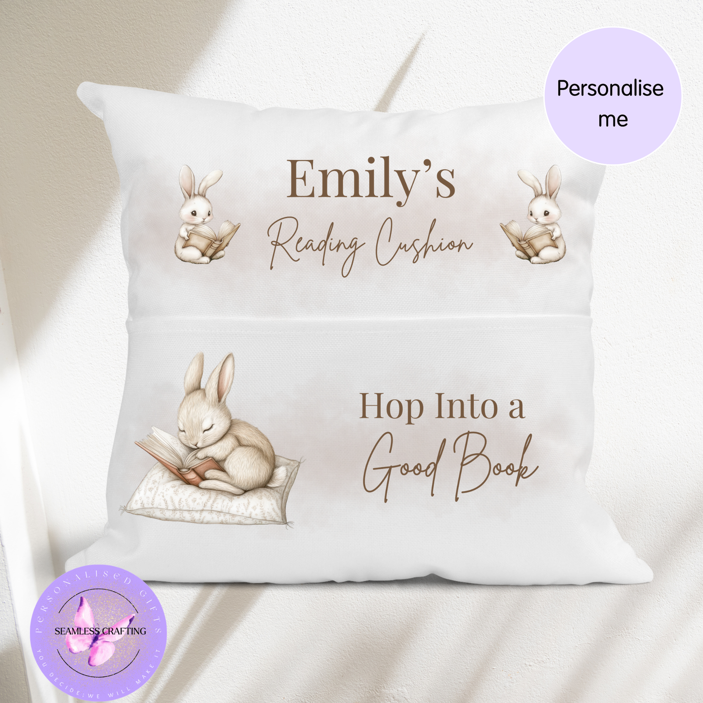 Personalised Bunny Reading Cushion with Pocket – Children’s Book Pillow Gift UK – Hop Into a Good Book