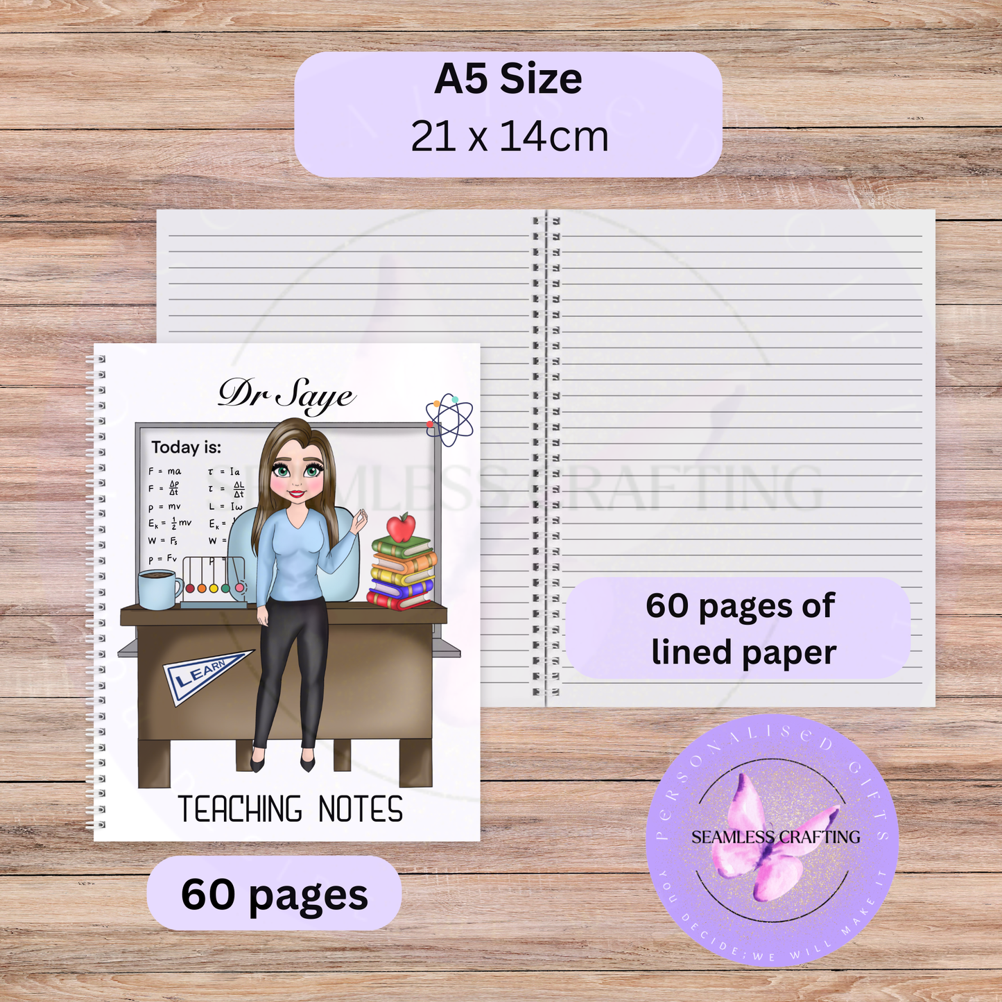 Personalised A5 teacher notebook size guide with 21 x 14 cm dimensions