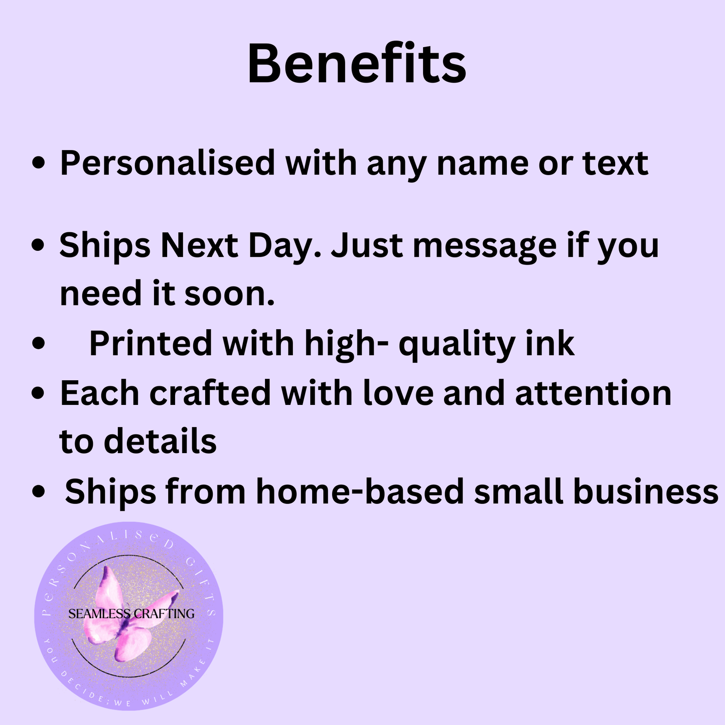 List of benefits on a purple background with a logo in the corner.

