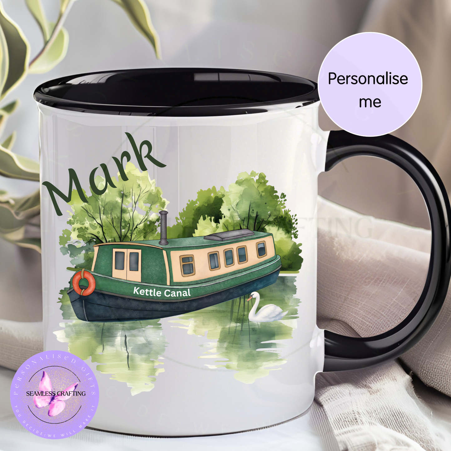 Personalised narrowboat mug with green canal boat and swan design on white ceramic mug