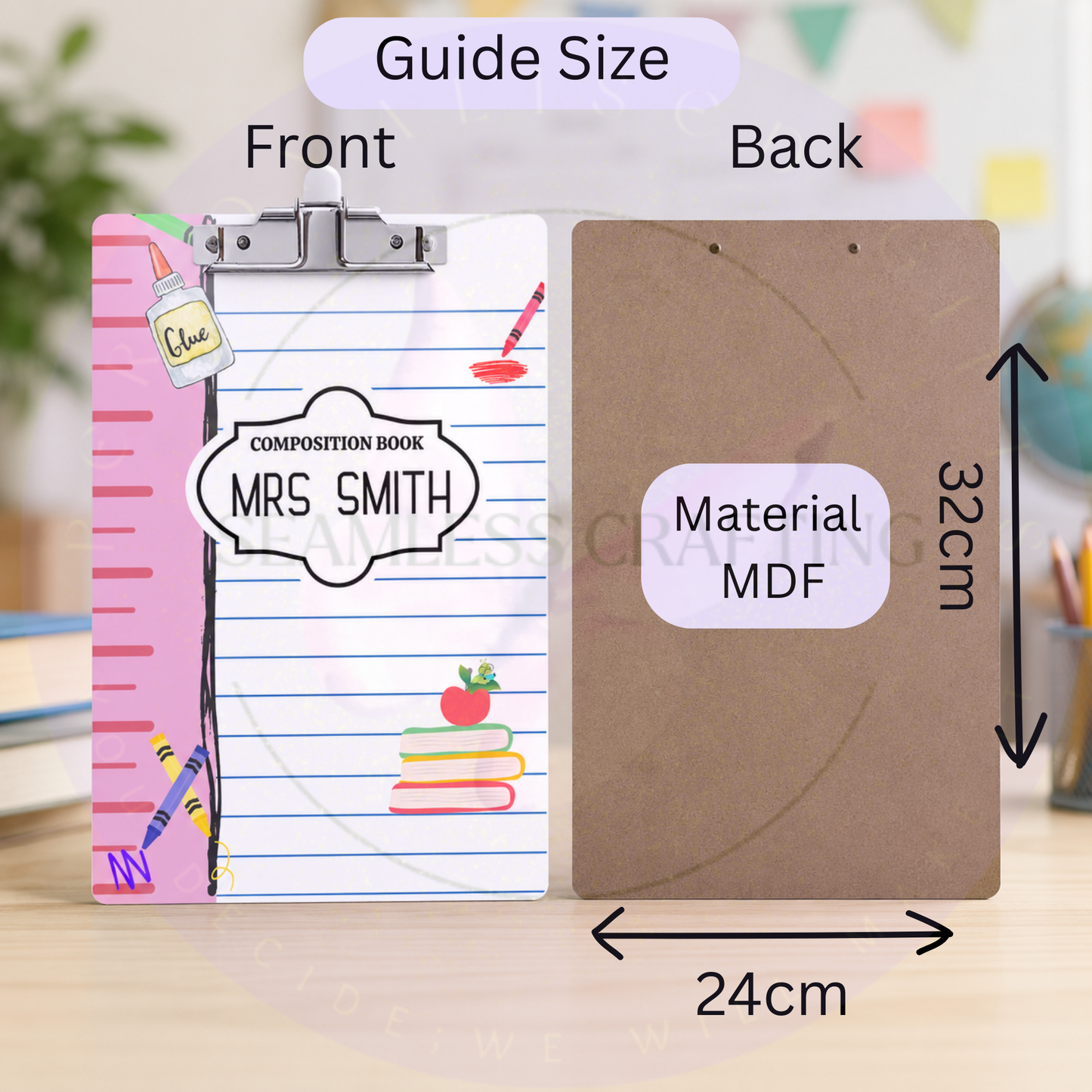 Teacher clipboard front and back view showing MDF back and 32x24 cm size