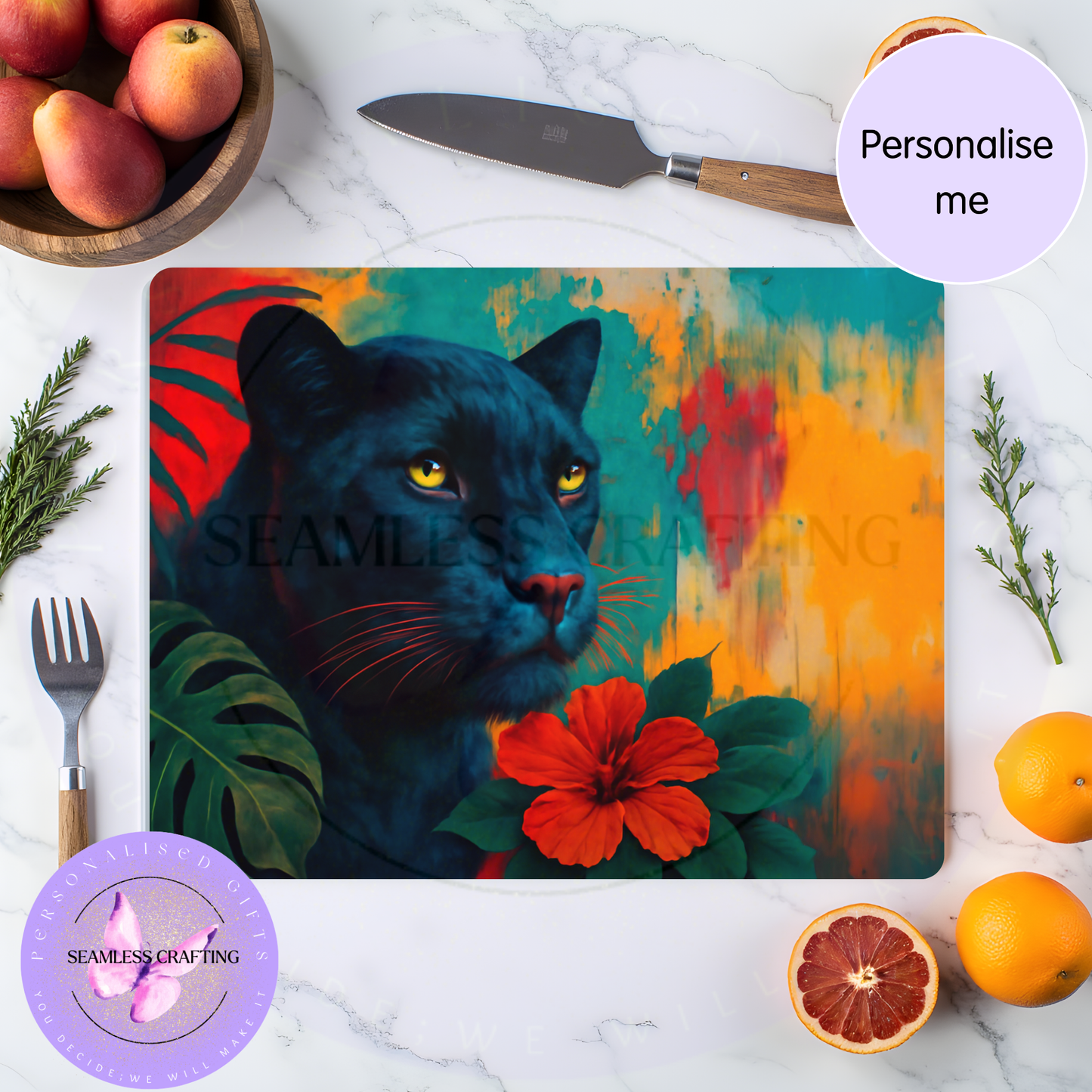 custom name glass chopping board colourful wildlife kitchen decor
