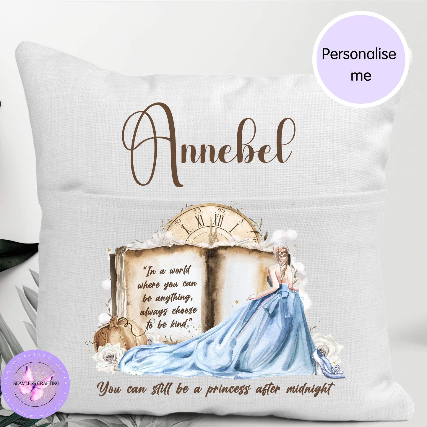 Personalised Princess Reading Pocket Cushion | Custom Name Book Cushion | Girls Bedroom & Reading Gift | 40x40cm Linen Canvas Cushion
