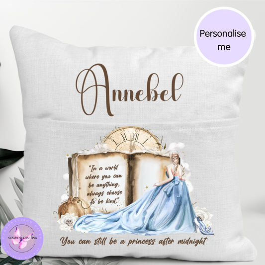 Personalised Princess Reading Pocket Cushion | Custom Name Book Cushion | Girls Bedroom & Reading Gift | 40x40cm Linen Canvas Cushion