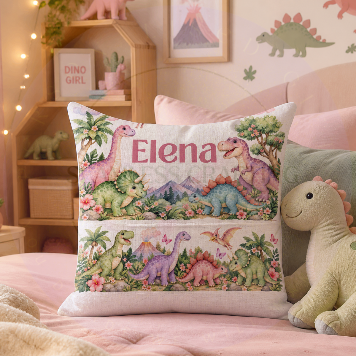 Pink personalised dinosaur reading cushion displayed in girls bedroom
