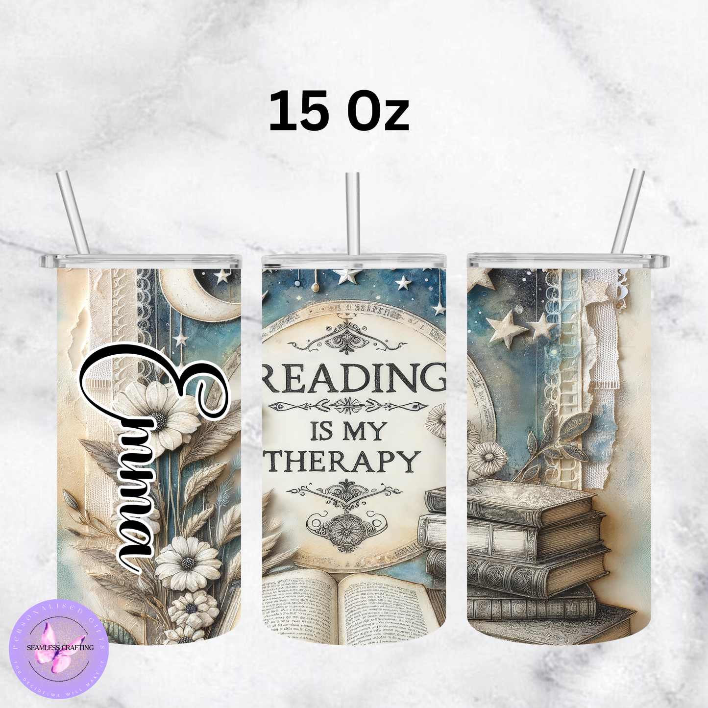 Personalised Reading Is My Therapy Tumbler – Book Lover Gift – Custom Name 15oz or 20oz Stainless Steel Cup