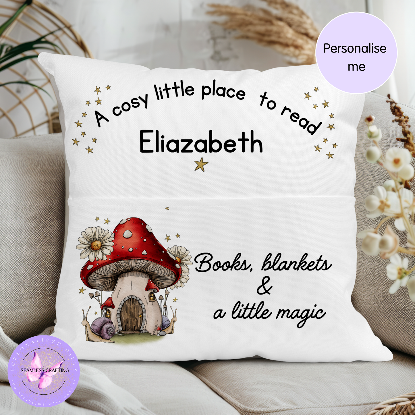 Kids personalised book cushion styled on sofa creating a cosy reading nook with whimsical woodland theme