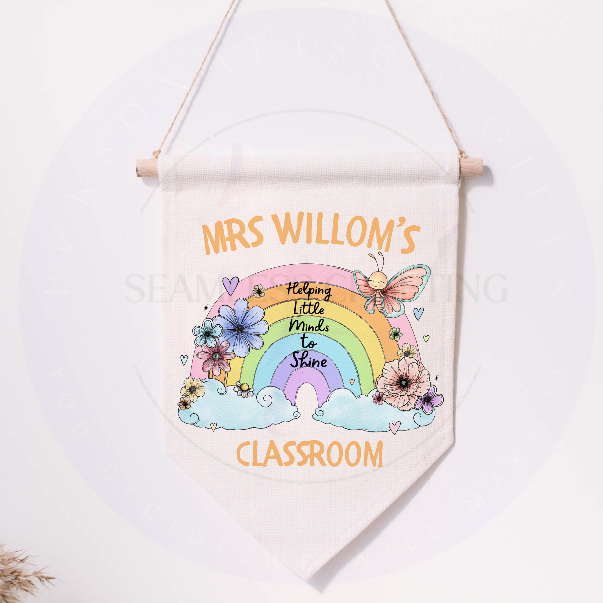Front view of personalised linen classroom wall hanging with woodland animal illustration and “Busy Little Bees” wording.