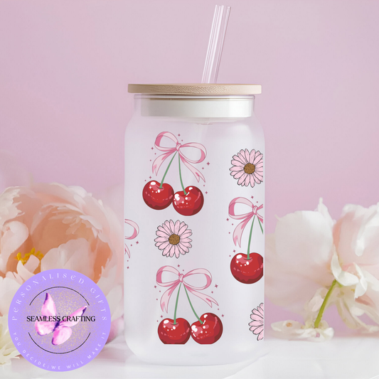frosted libbey glass 16oz cherry bow design aesthetic drinkware with bamboo lid cute floral glass cup