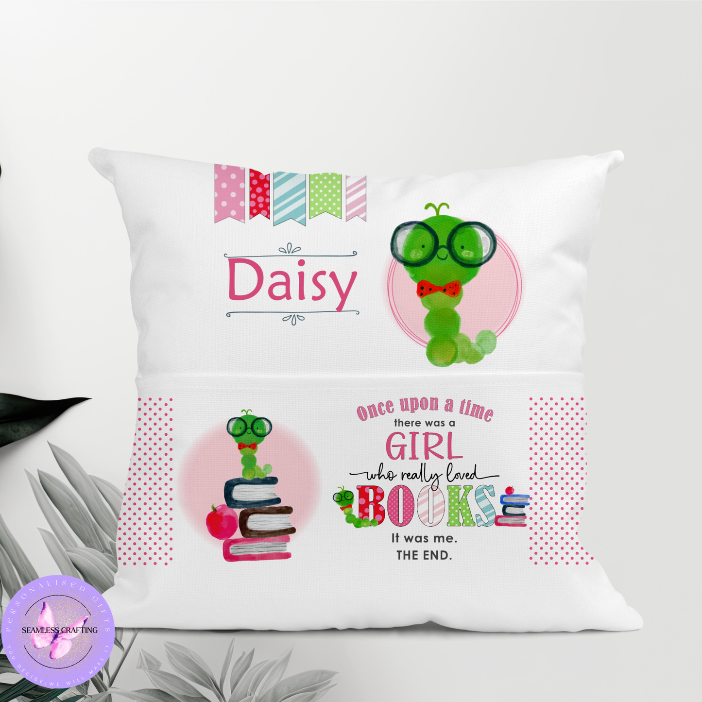 Personalised Bookworm Reading Cushion – Girl’s Custom Name Pillow with Book Pocket | Cute Caterpillar Book Lover Gift (40cm)