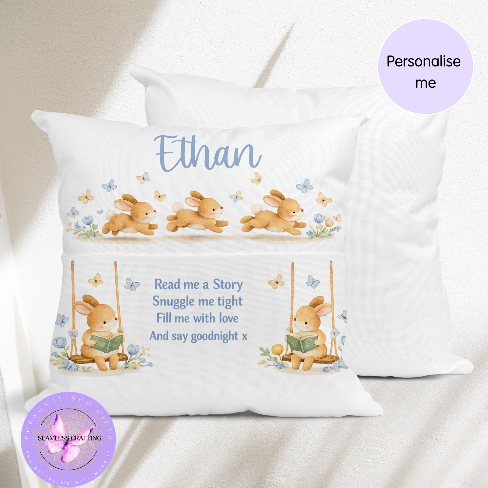 personalised bunny reading cushion with pocket baby bedtime pillow