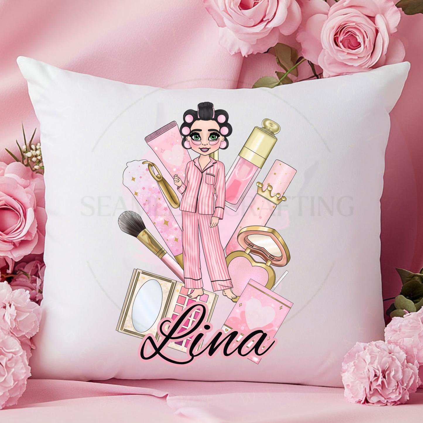 White beauty-themed cushion personalised with Lina and a character wearing hair rollers