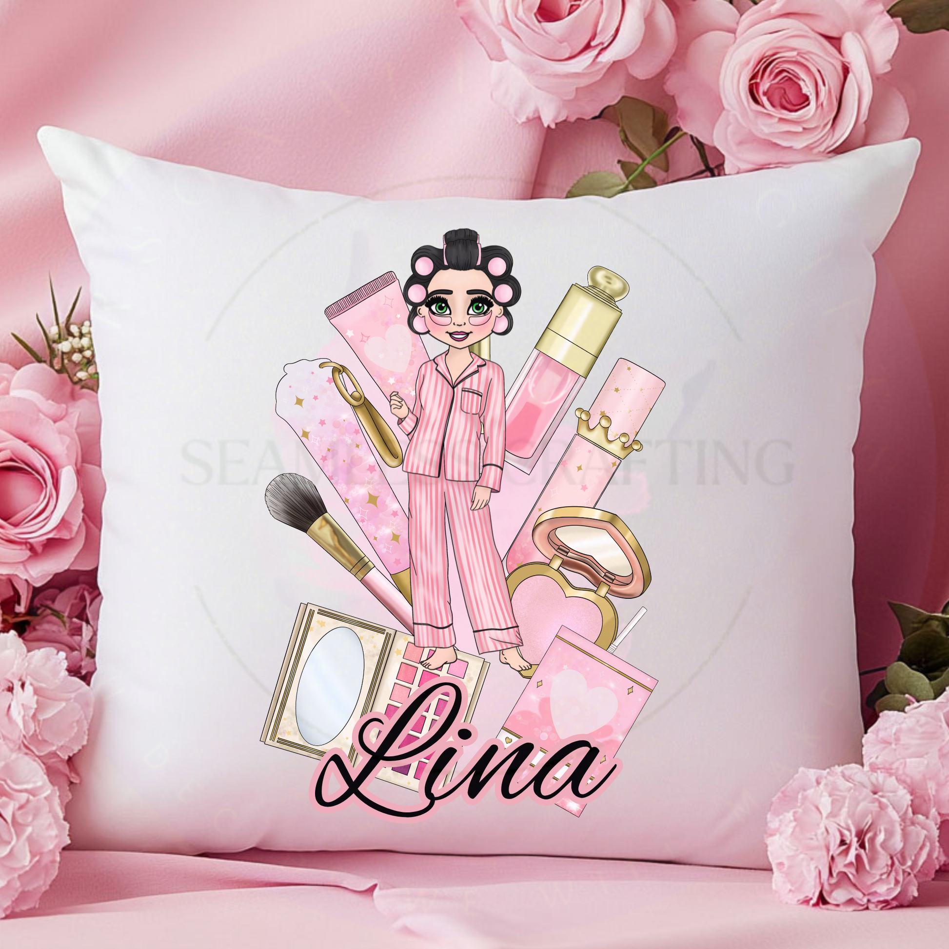 White beauty-themed cushion personalised with Lina and a character wearing hair rollers