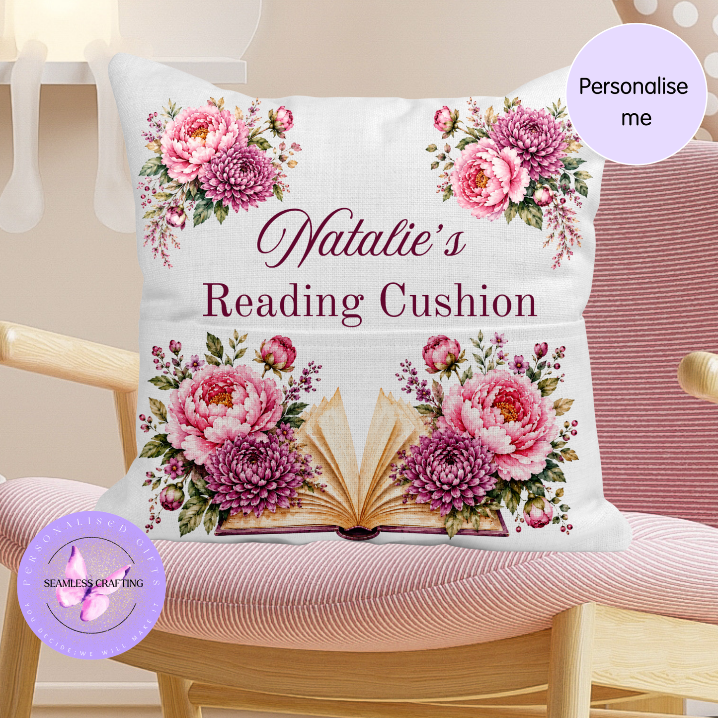 Personalised November Birth Flower Reading Cushion with Book Pocket