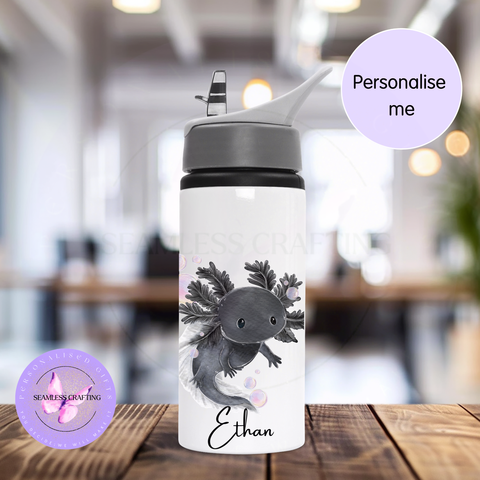 Pink axolotl personalised water bottle for children 600ml school bottle with custom name