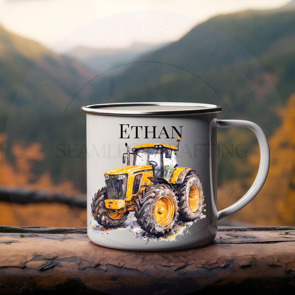 Personalised yellow tractor enamel mug for farmer or tractor lover