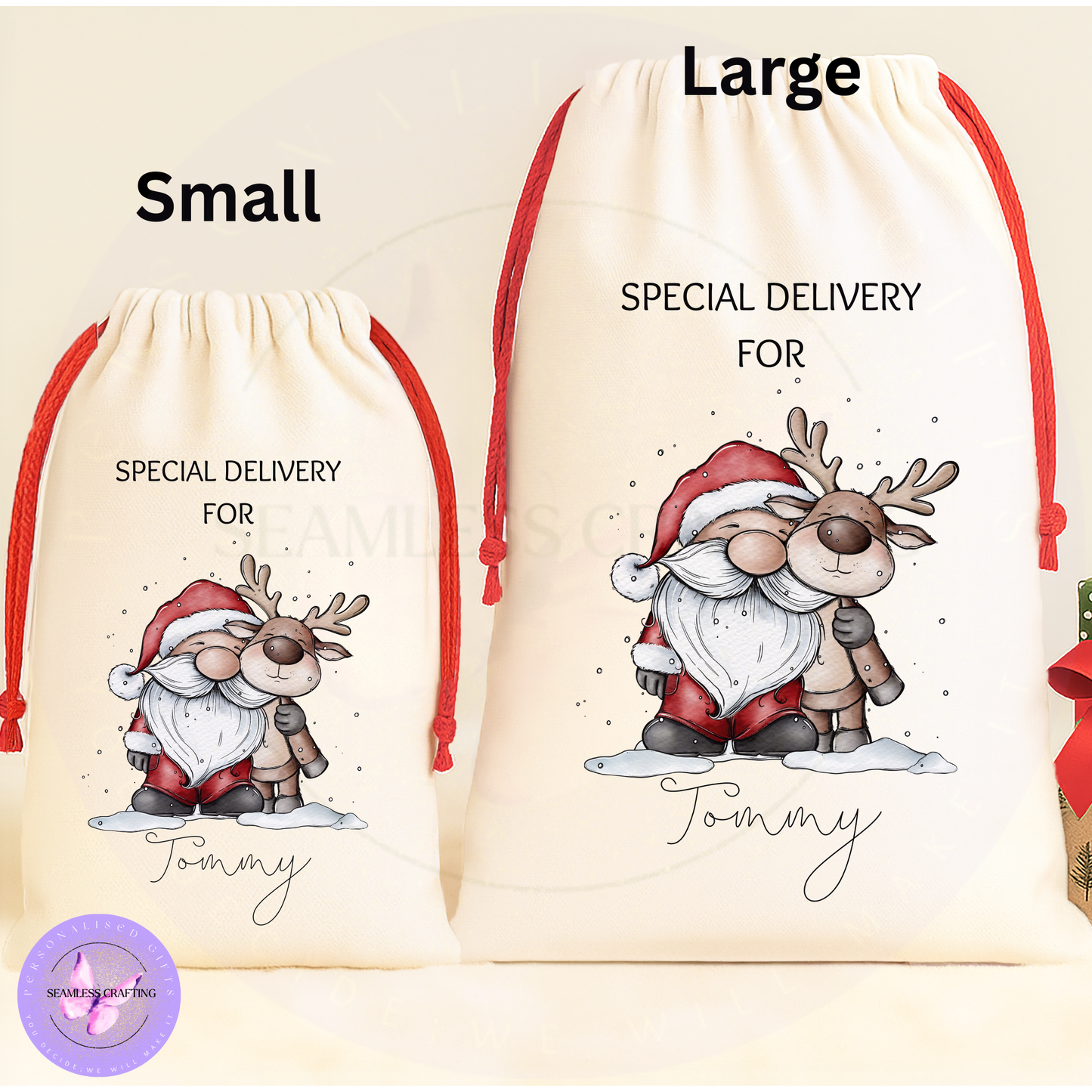 Small and large personalised Santa gnome sack size comparison