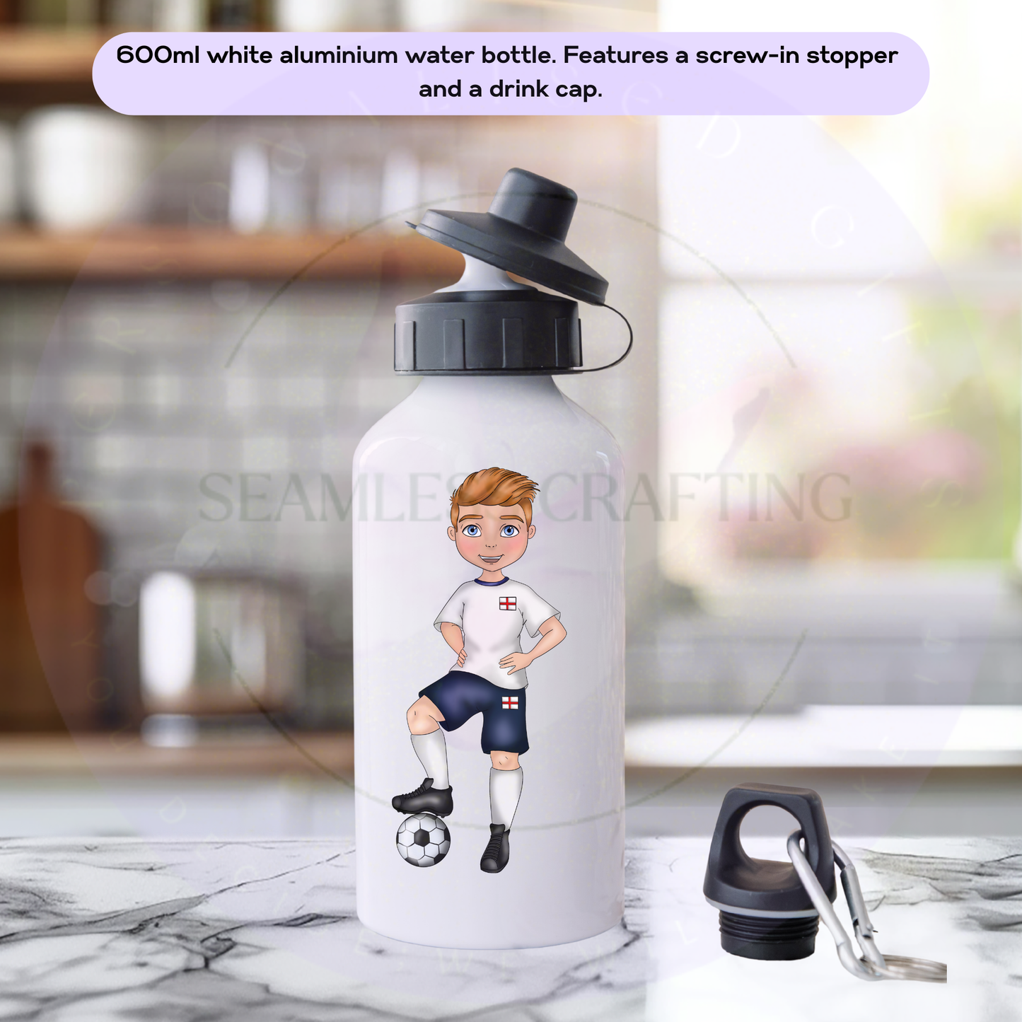 Personalised England Football Boy Water Bottle – Custom Name Kids Sports Bottle 600ml
