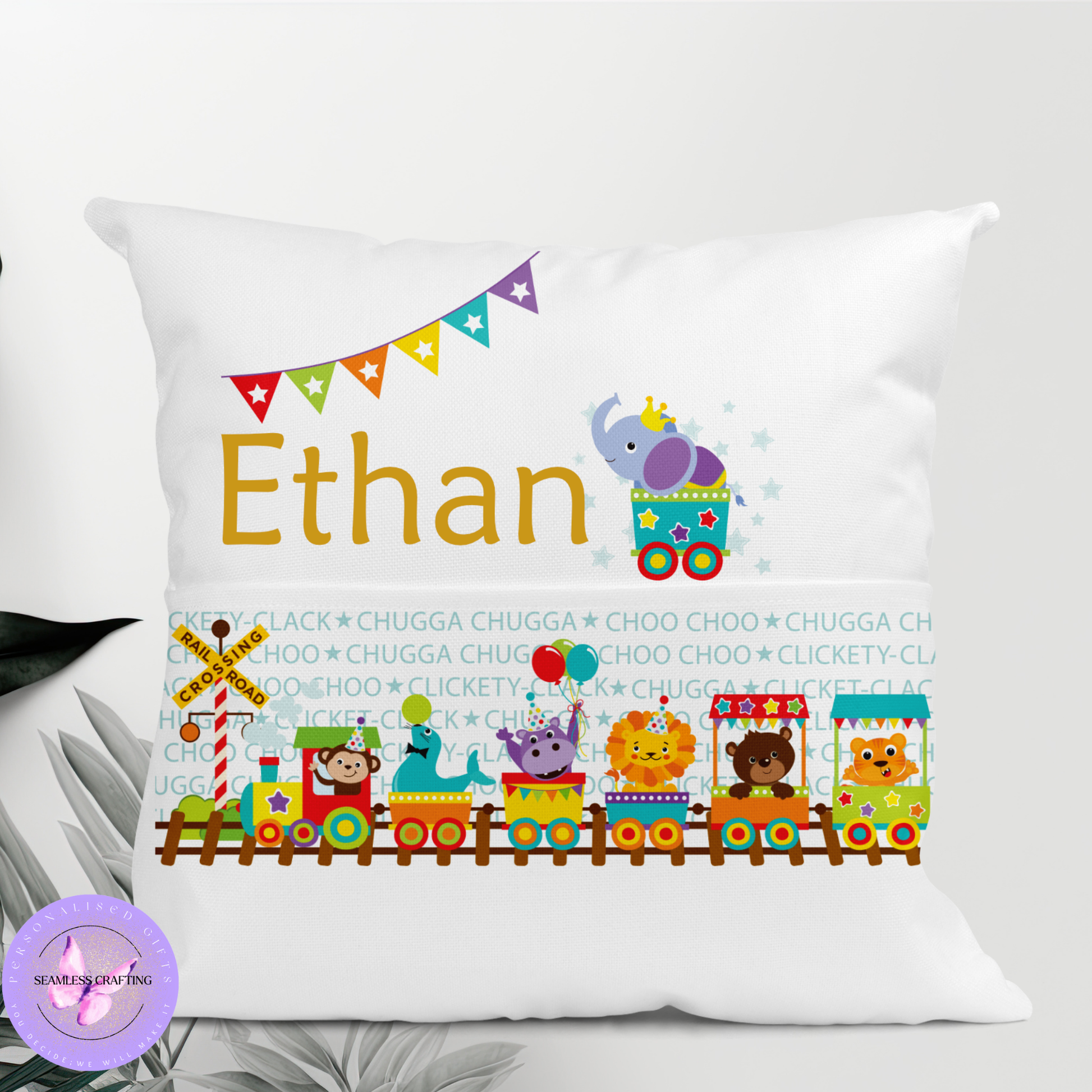 Personalised animal train reading cushion with name and book pocket, safari kids pillow 40cm